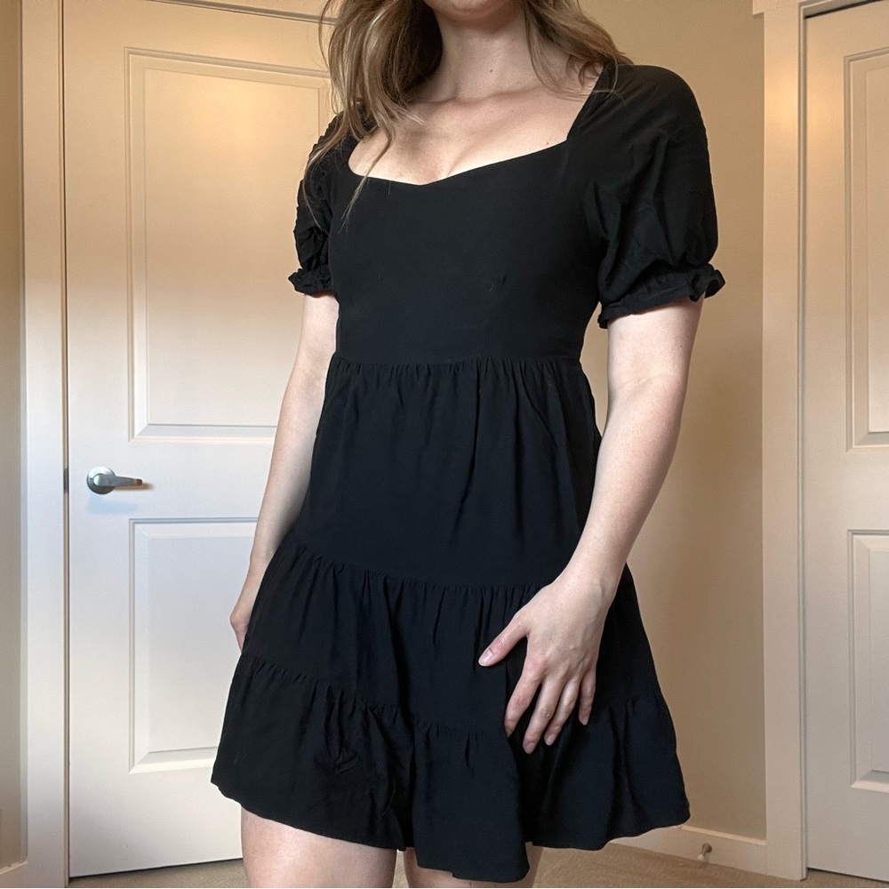 Black Tiered Puff Sleeve Dress